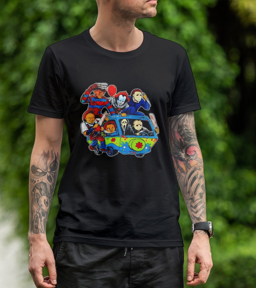 Horror Movie Icons Ride In Mystery Machine Van With Murderous Villains T-Shirt