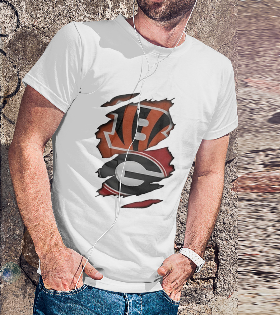 Cincinnati Bengals Georgia Bulldogs NCAA Torn Logos T-Shirt