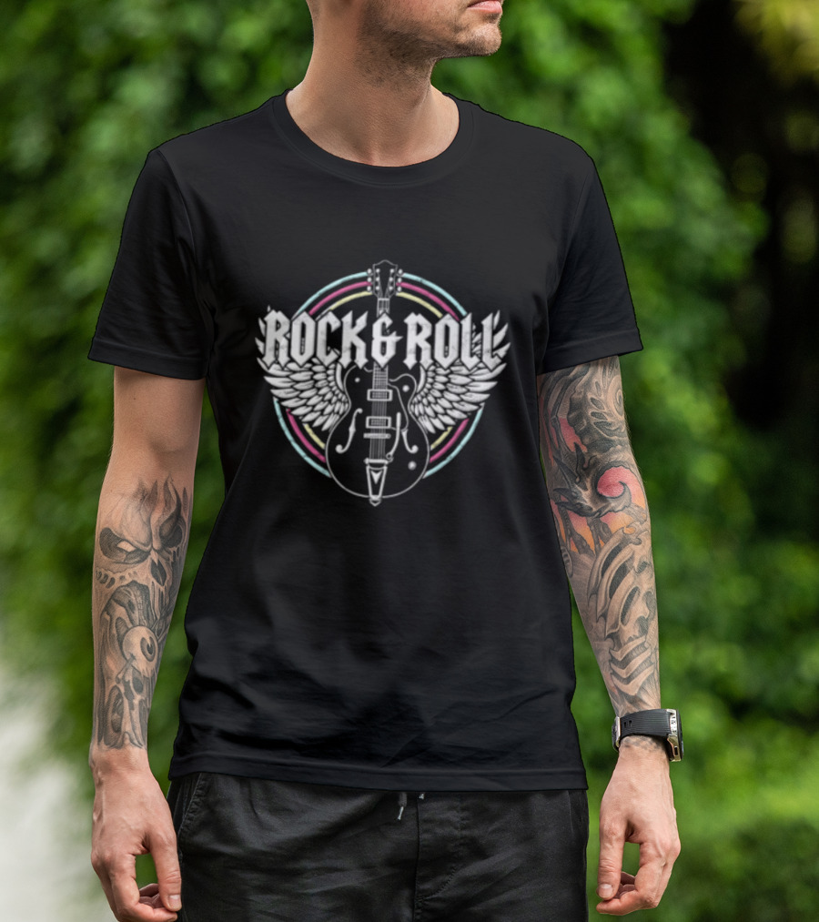 Rock And Roll Electric Guitar Wings Vibrant Circle T-Shirt