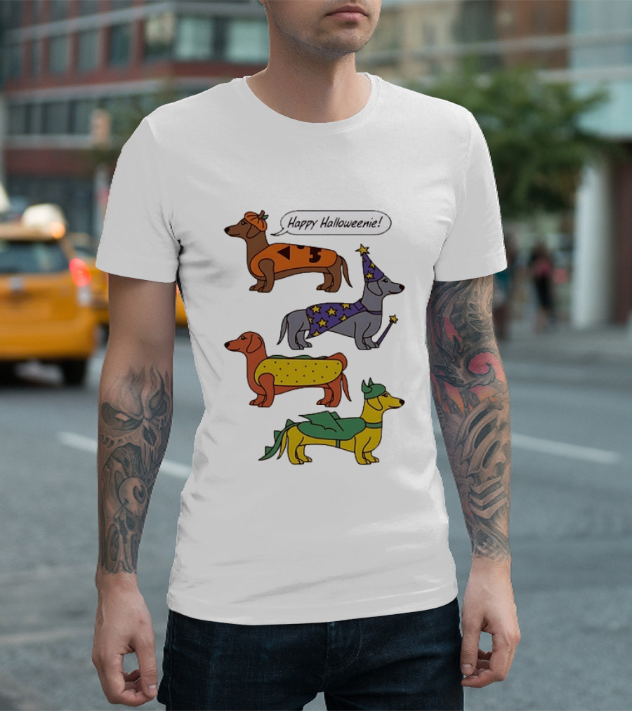 Happy Halloweenie Dachshund Dogs Costumes Pumpkin Wizard Hot Dog Dragon T-Shirt