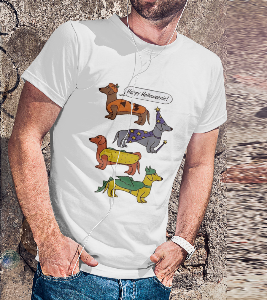 Happy Halloweenie Dachshund Dogs Costumes Pumpkin Wizard Hot Dog Dragon T-Shirt