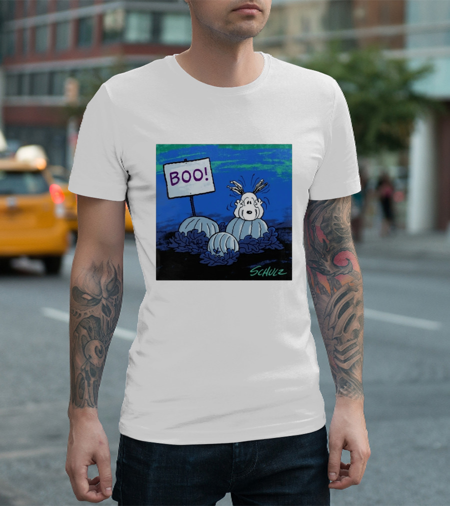 BOO Snoopy Pumpkin Patch Season Halloween Scene By Schulz T-Shirt
