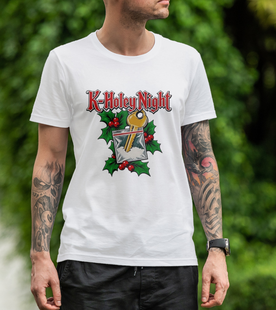 K Holey Night Christmas Holiday Festive Gold Key Holly Berries T-Shirt