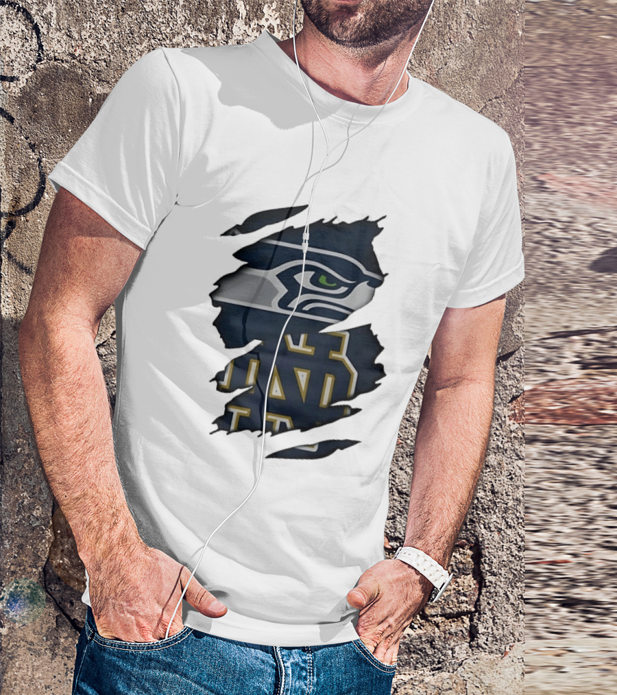Seattle Seahawks Notre Dame Fighting Irish Ripped Effect NCAA Logos T-Shirt
