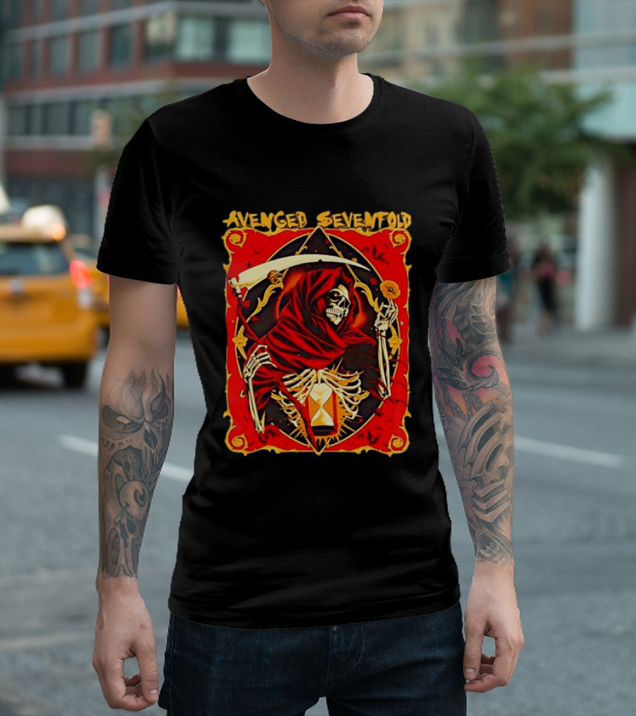 Avenged Sevenfold Grim Reaper Scythe Skeleton Hourglass Cloaked Skeleton T-Shirt