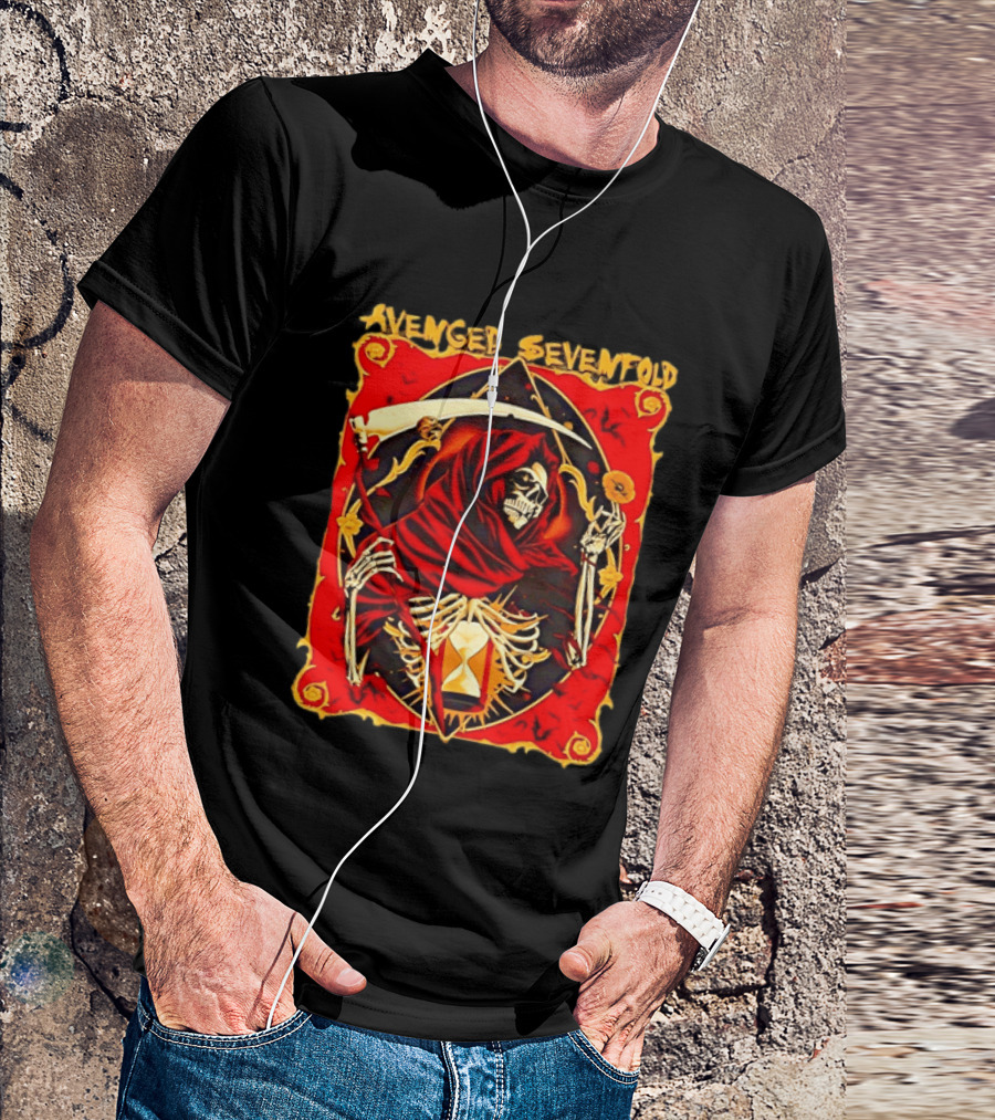 Avenged Sevenfold Grim Reaper Scythe Skeleton Hourglass Cloaked Skeleton T-Shirt