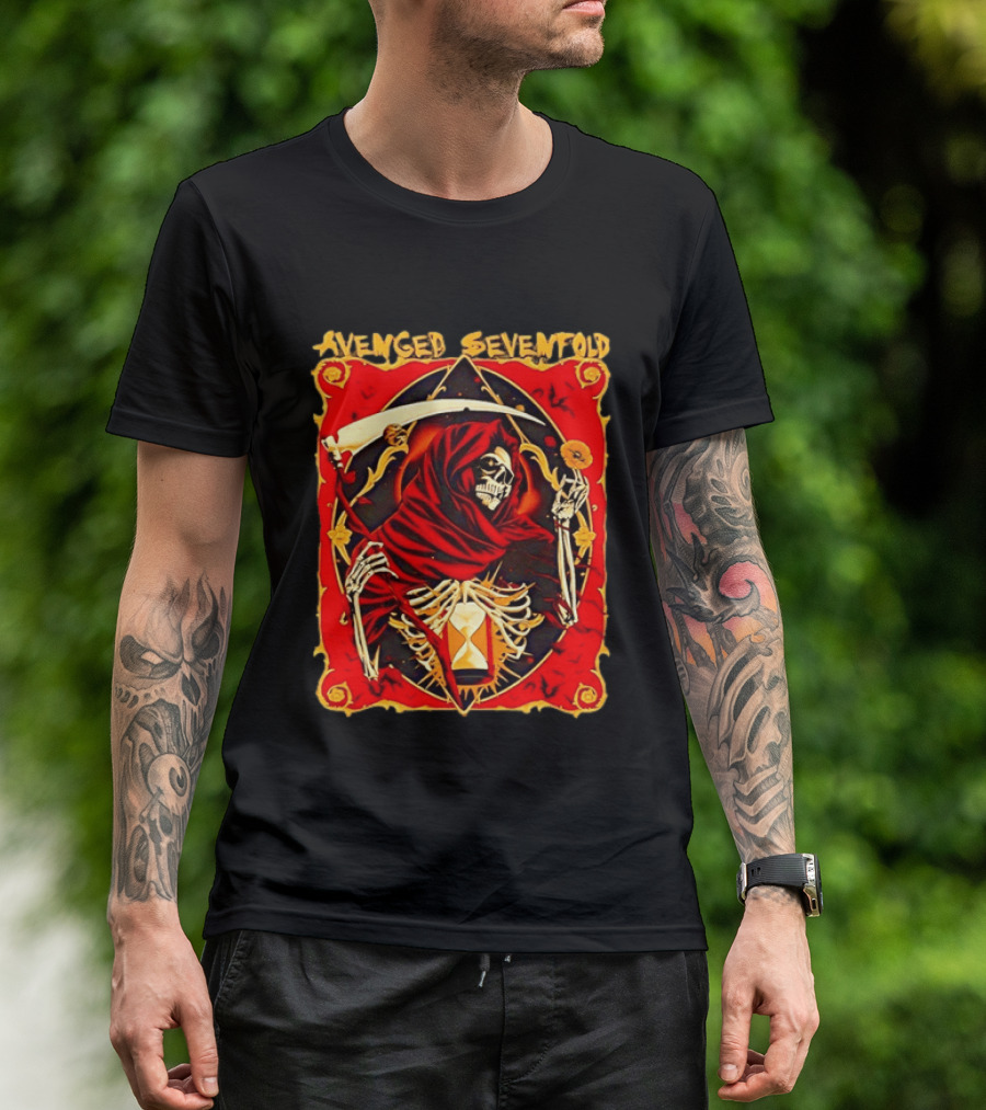 Avenged Sevenfold Grim Reaper Scythe Skeleton Hourglass Cloaked Skeleton T-Shirt