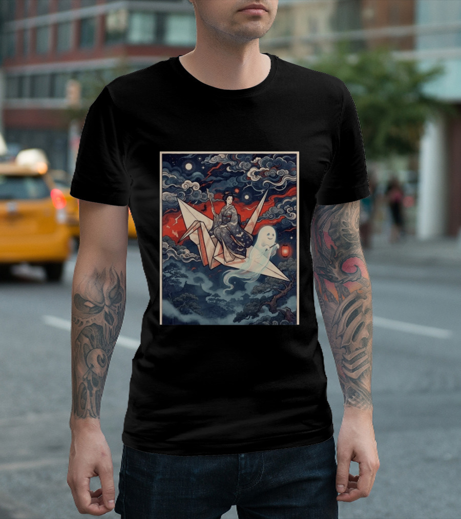 Witch And Ghost Halloween 2026 Japanese Origami Lantern Night Sky T-Shirt