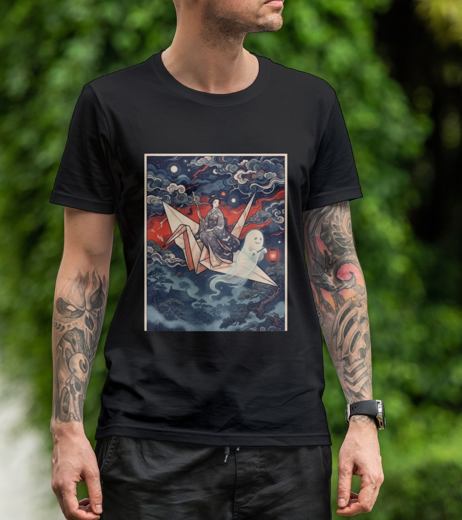 Witch And Ghost Halloween 2026 Japanese Origami Lantern Night Sky T-Shirt