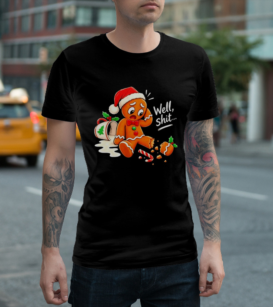 Well Shit Gingerbread Man Christmas Broken Cookie Candy Cane Hat T-Shirt