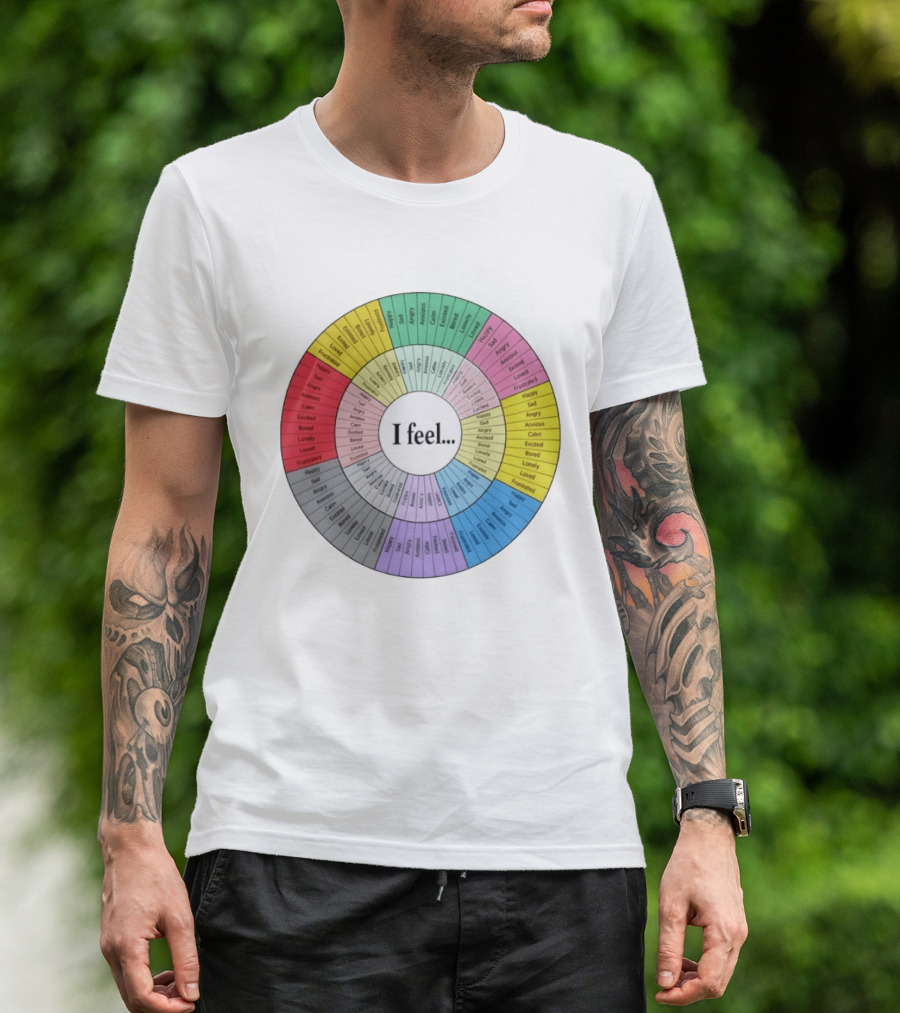 I Feel Emotion Wheel Chart Mental Health Happy Sad Angry Calm Anxious Excited Bored Loved Lonely Frustrated T-Shirt