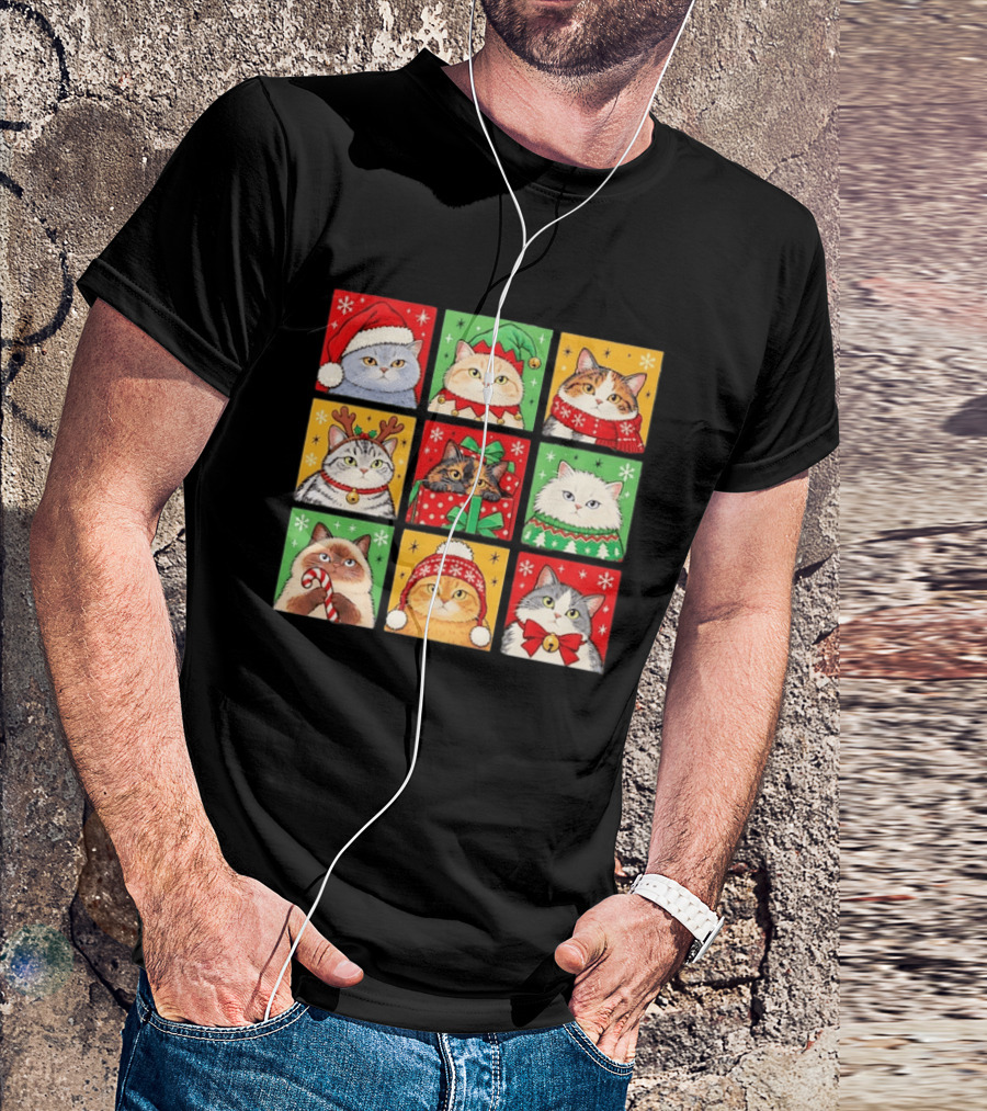 Cats In Christmas Costumes Festive Holiday Kittens Santa Hats And Gifts T-Shirt