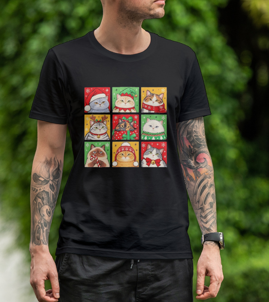 Cats In Christmas Costumes Festive Holiday Kittens Santa Hats And Gifts T-Shirt