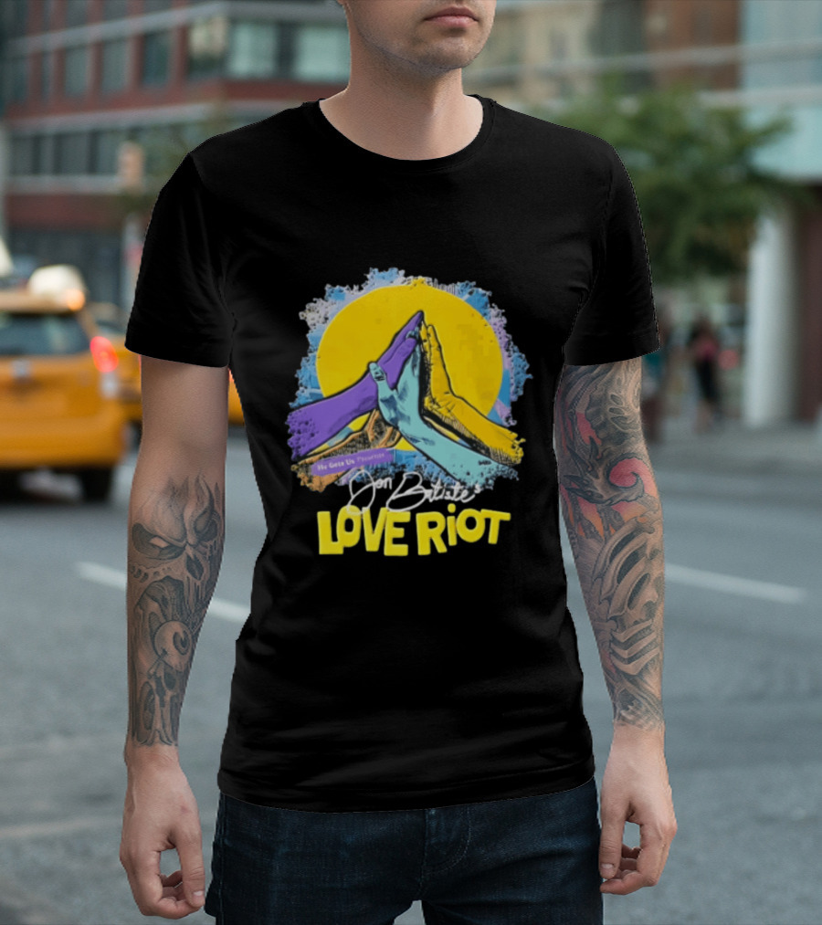 Jon Batiste He Gets Us Presents Love Riot Three Hands High Five Yellow Sun T-Shirt
