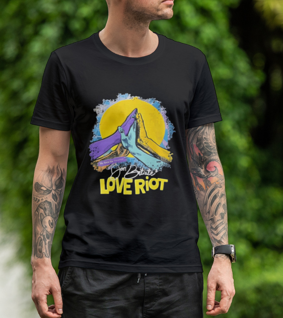 Jon Batiste He Gets Us Presents Love Riot Three Hands High Five Yellow Sun T-Shirt