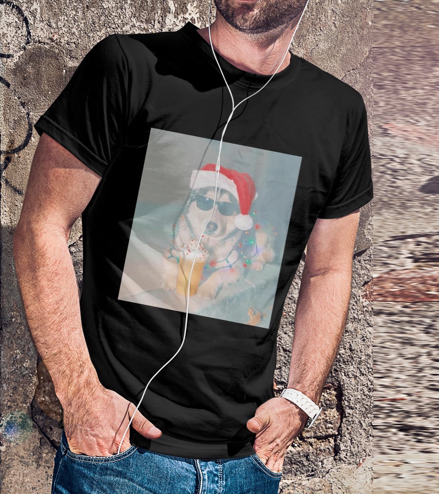 Husky Dog Santa Hat Sunglasses Christmas Lights And Holiday Drink T-Shirt