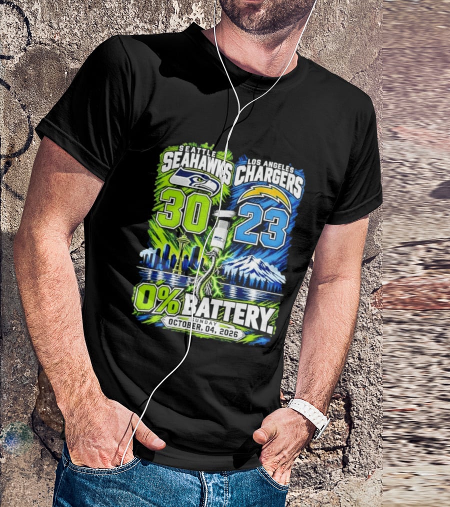 Seattle Seahawks Vs Los Angeles Chargers 30 23 Game 0% Battery October 4 2026 T-Shirt
