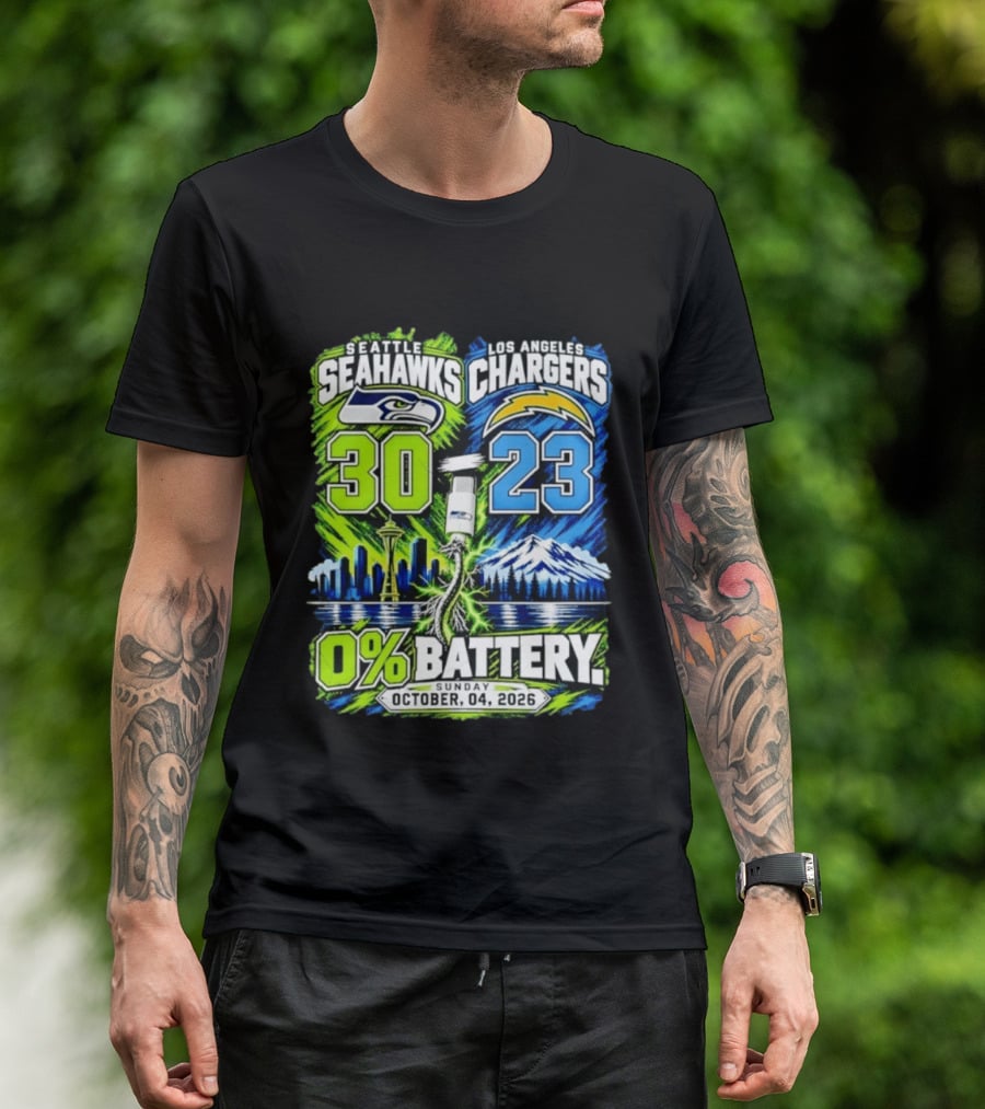Seattle Seahawks Vs Los Angeles Chargers 30 23 Game 0% Battery October 4 2026 T-Shirt