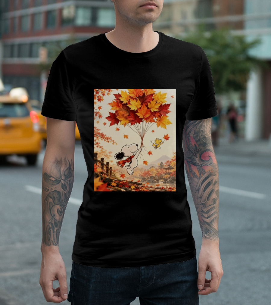 Snoopy And Woodstock Autumn Leaves Floating Scene With Tree And Bridge T-Shirt