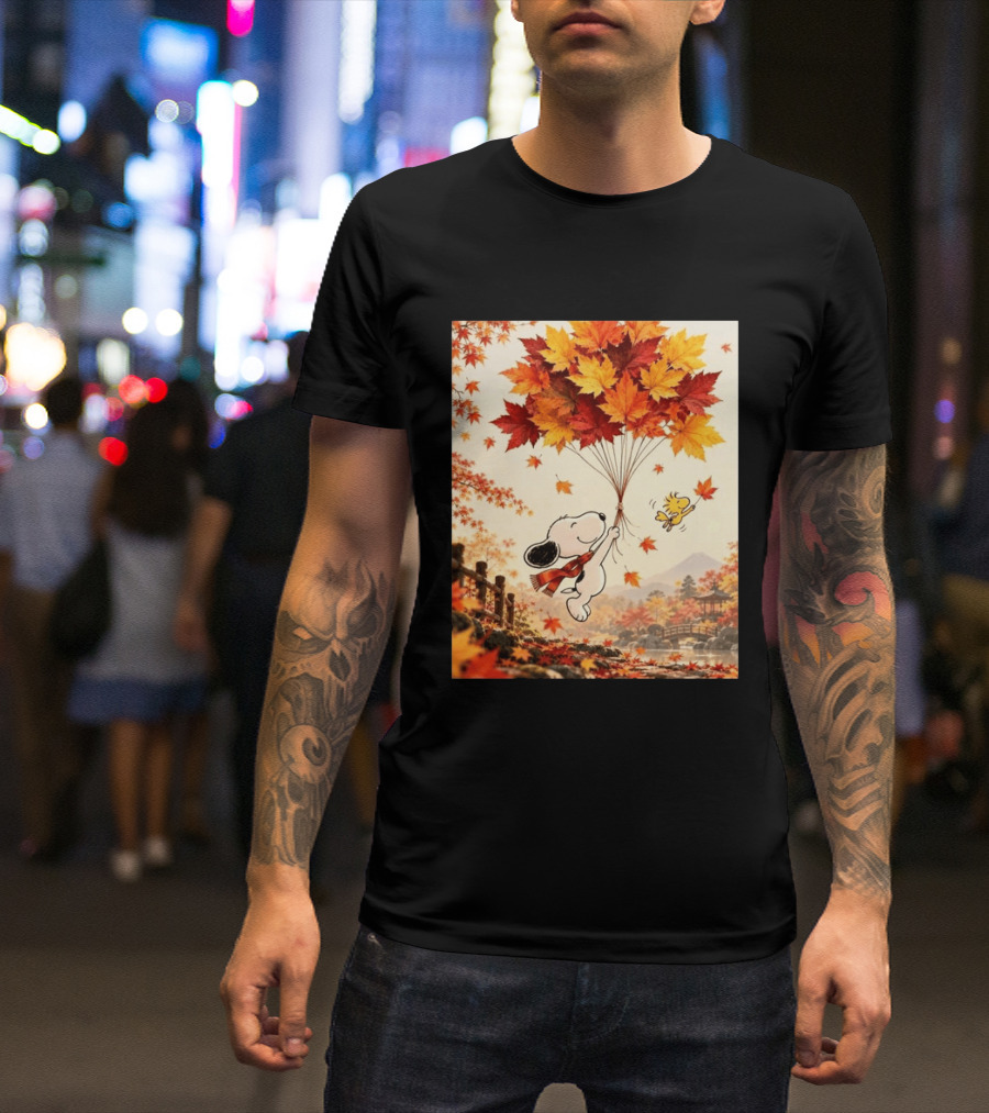 Snoopy And Woodstock Autumn Leaves Floating Scene With Tree And Bridge T-Shirt