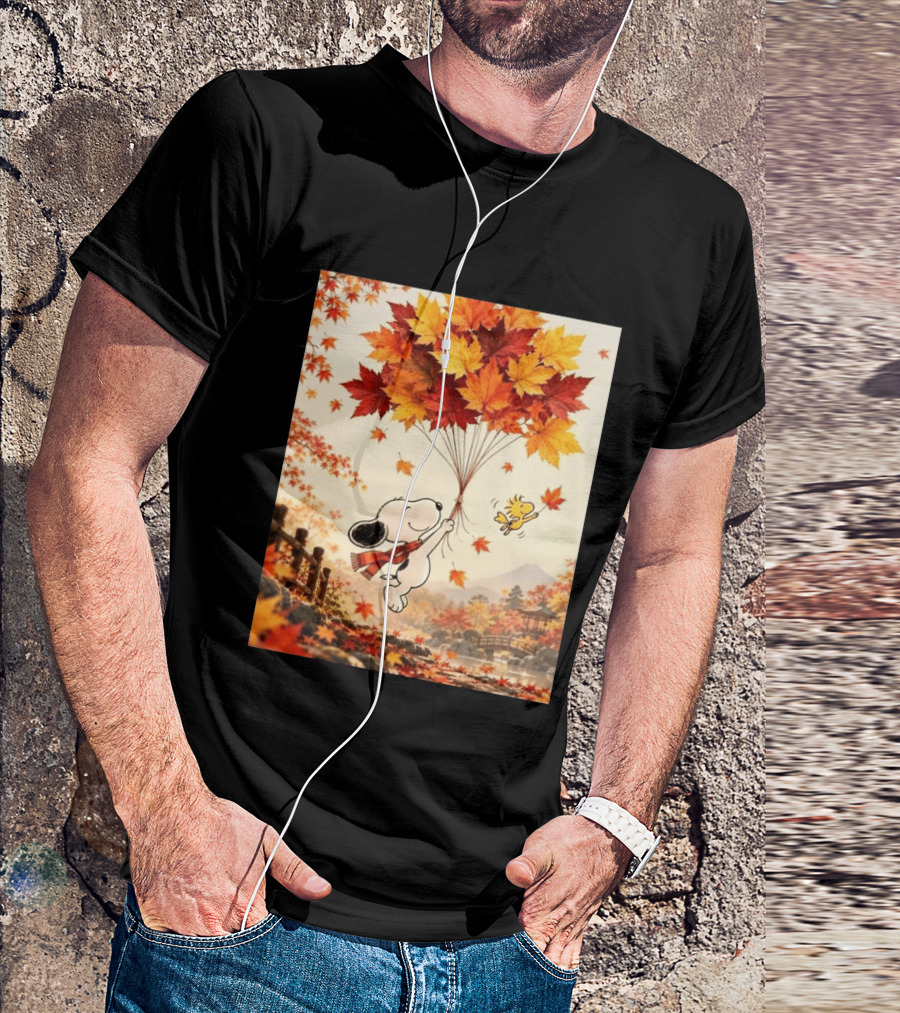 Snoopy And Woodstock Autumn Leaves Floating Scene With Tree And Bridge T-Shirt