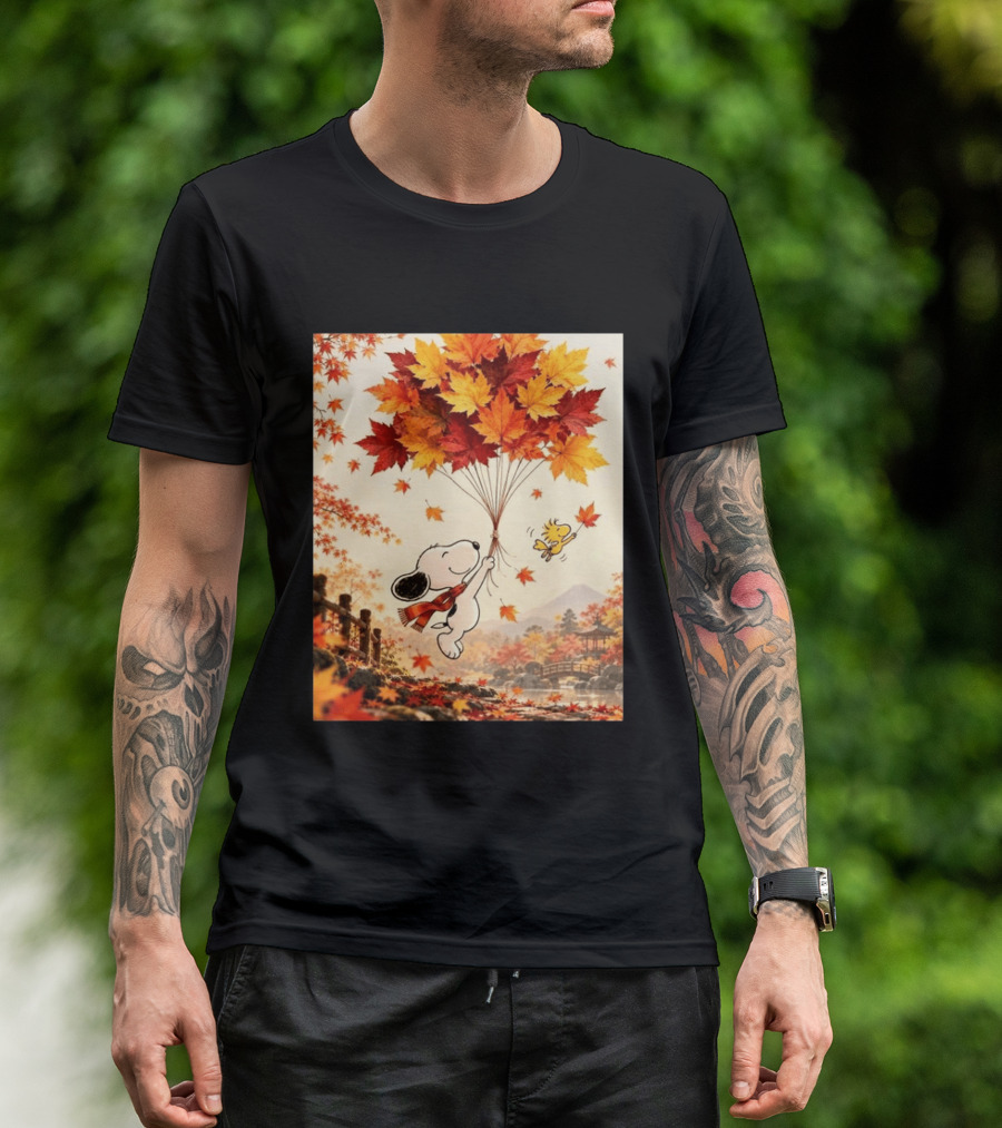 Snoopy And Woodstock Autumn Leaves Floating Scene With Tree And Bridge T-Shirt