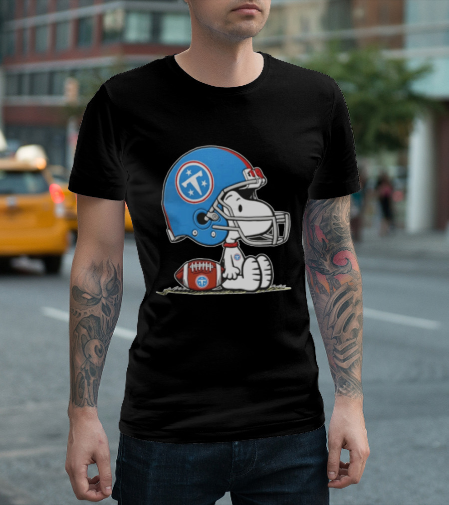 Snoopy Wearing Tennessee Titans Football Helmet Sitting With Football T-Shirt
