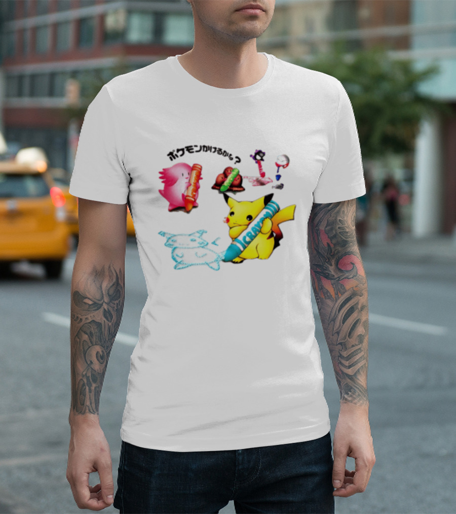 Pikachu Crayon Drawing Pokémon Characters Cartoon Art Japan T-Shirt