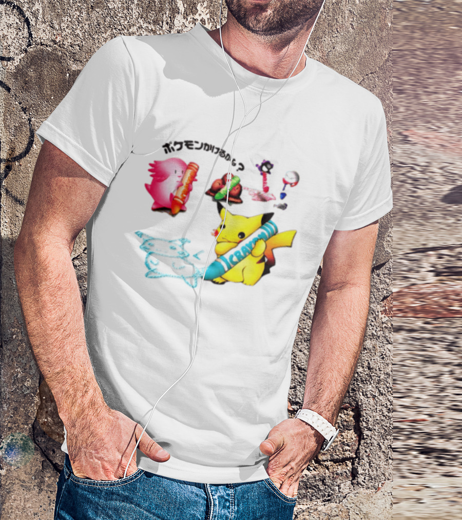 Pikachu Crayon Drawing Pokémon Characters Cartoon Art Japan T-Shirt
