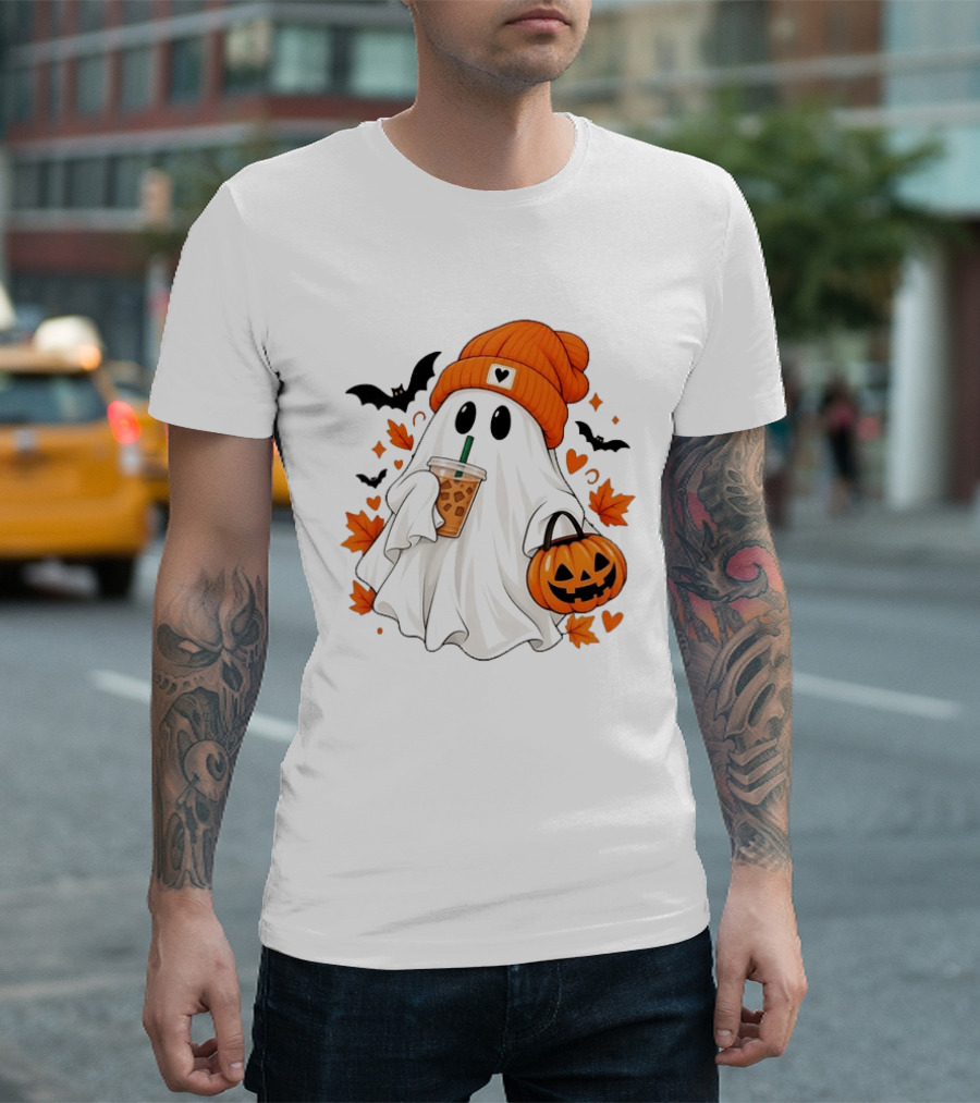 Ghost In Orange Beanie Holding Iced Coffee With Pumpkin Basket And Bat T-Shirt