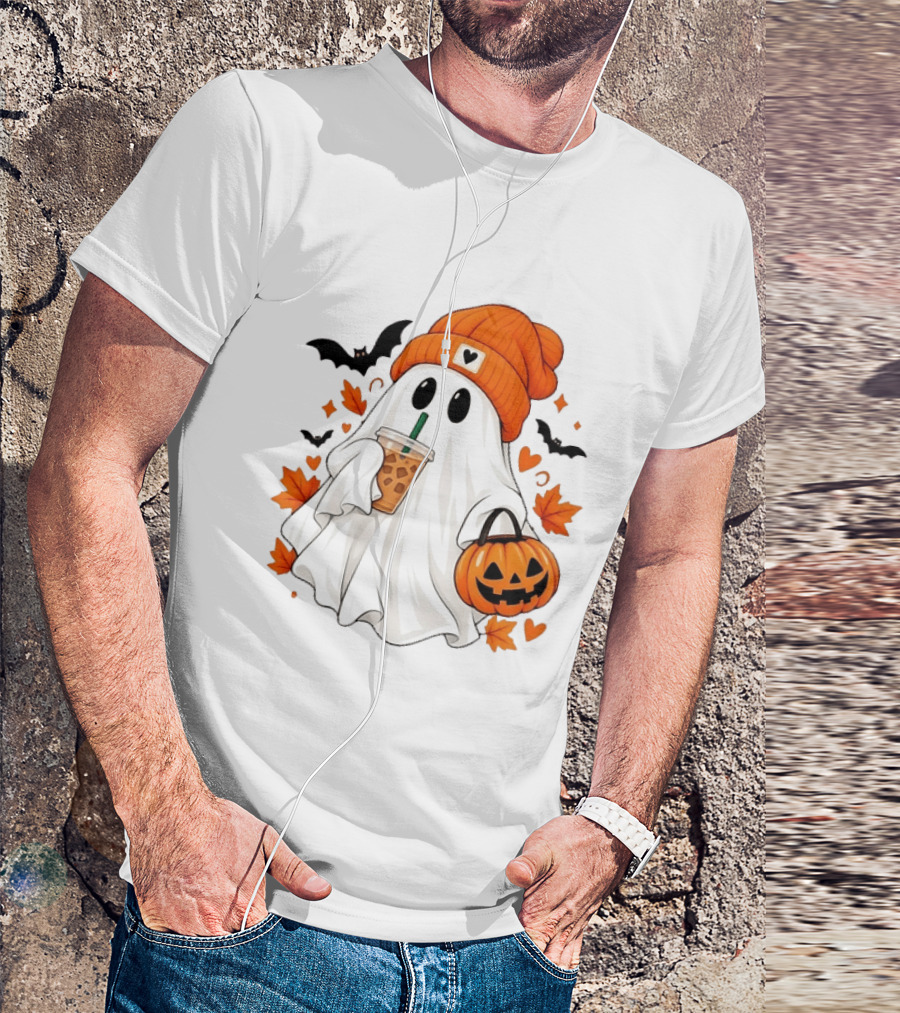 Ghost In Orange Beanie Holding Iced Coffee With Pumpkin Basket And Bat T-Shirt