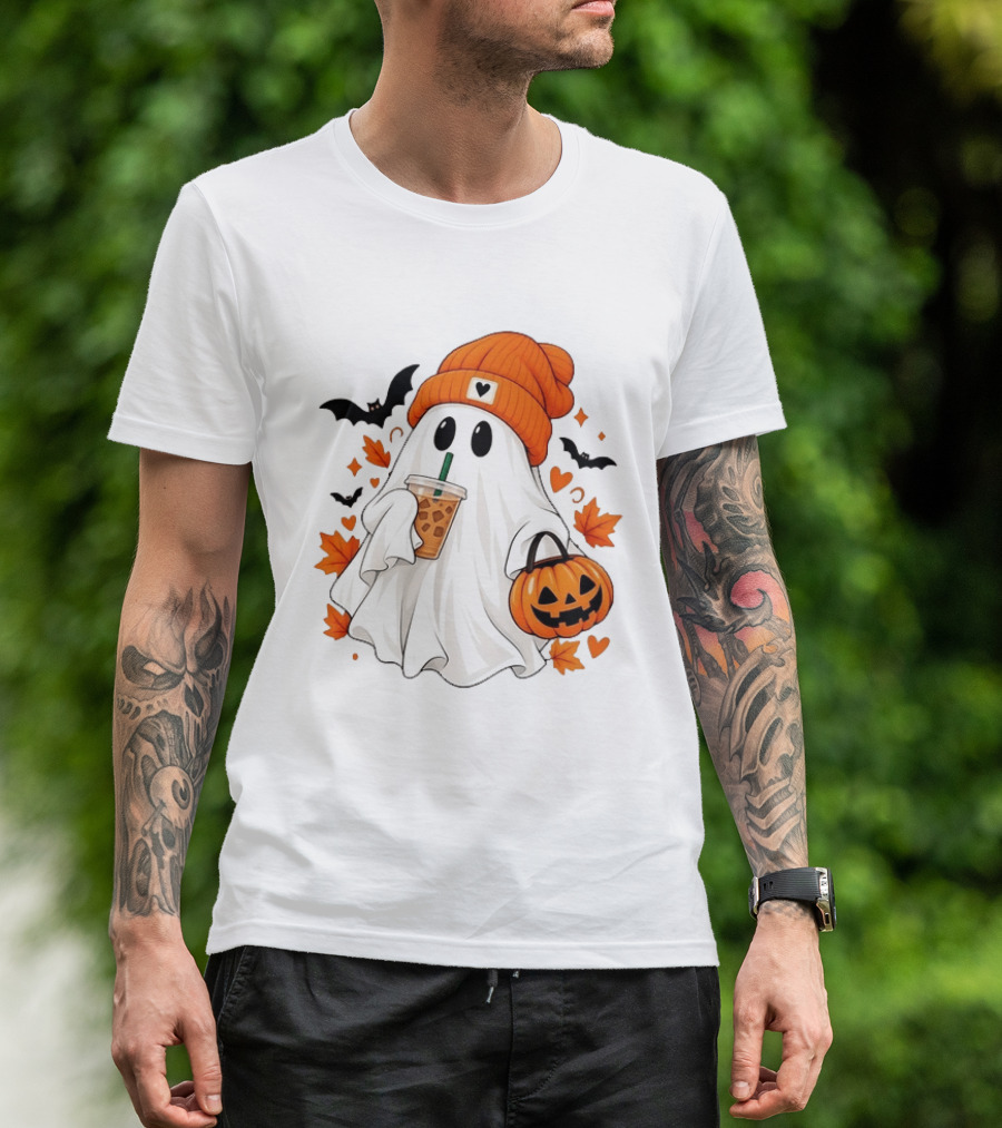 Ghost In Orange Beanie Holding Iced Coffee With Pumpkin Basket And Bat T-Shirt