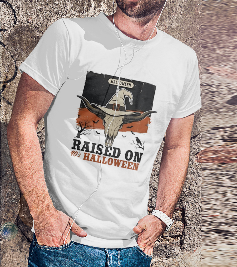 Raised On 90s Halloween Bull Skull With Witch Hat And Spooky Bats T-Shirt