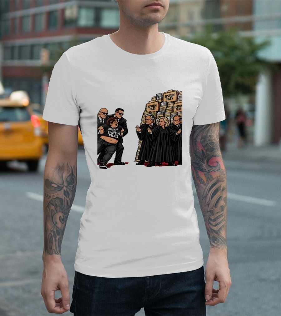 Release The Epstein Files Political Cartoon With Epstein Files Stacks And Judges T-Shirt