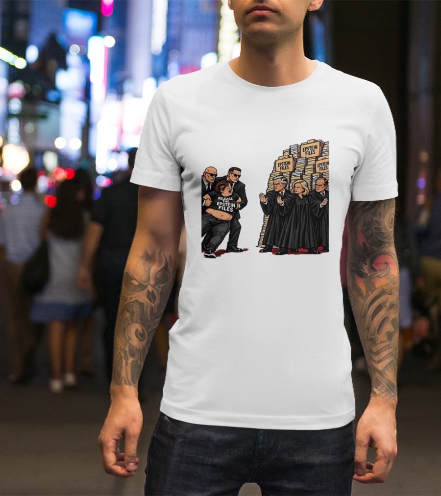 Release The Epstein Files Political Cartoon With Epstein Files Stacks And Judges T-Shirt