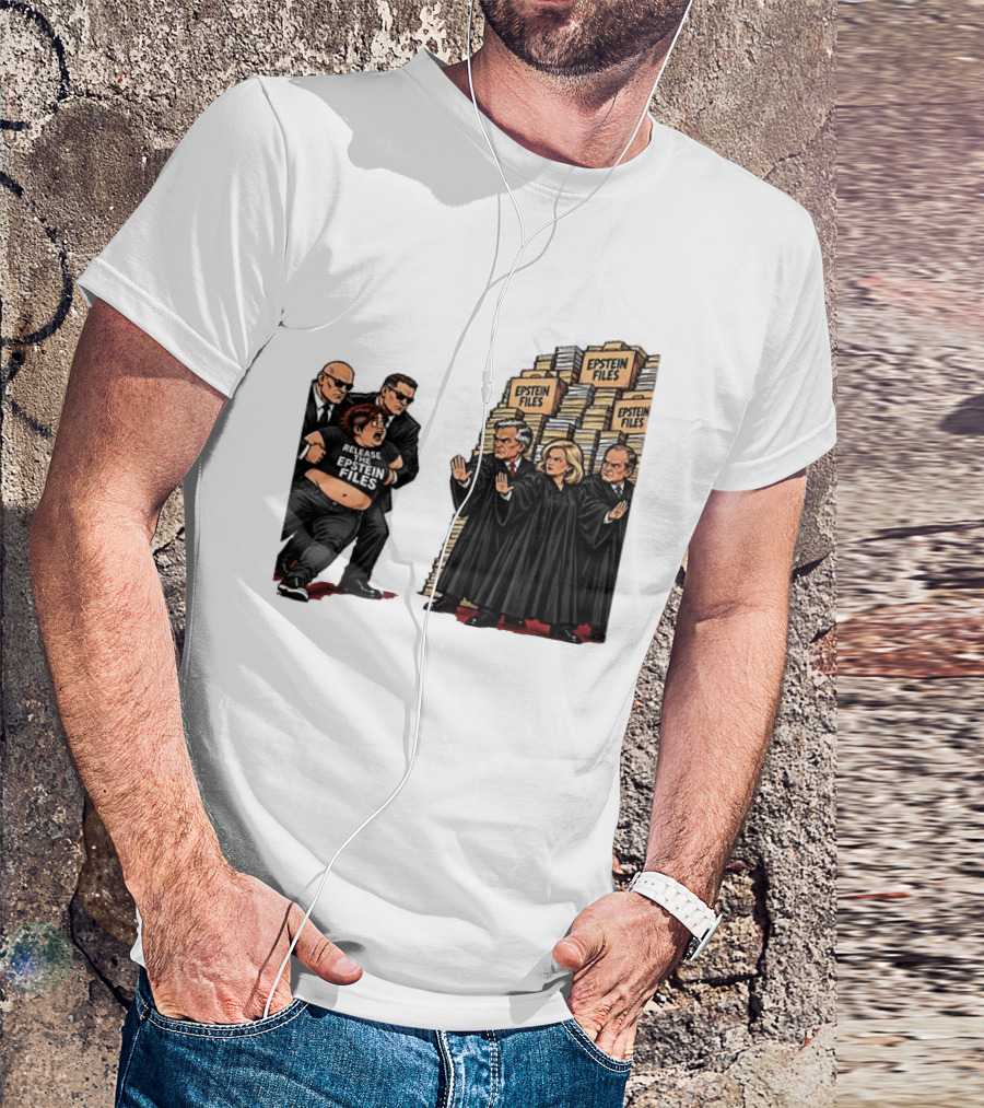 Release The Epstein Files Political Cartoon With Epstein Files Stacks And Judges T-Shirt