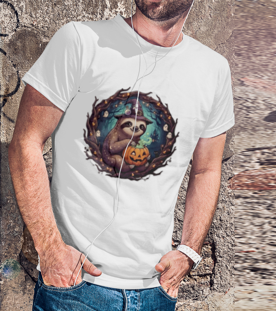 Halloween Sloth Witch Hat Pumpkin Cauldron Spooky Ghosts Forest Scene T-Shirt