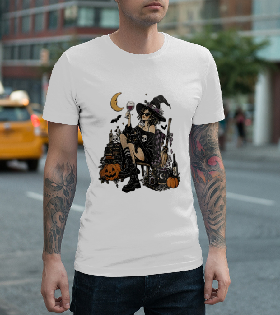 Halloween Witch Hat Sunglasses Wine Glass Black Cat Pumpkin Moon Skull Books T-Shirt