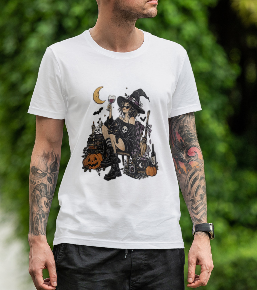 Halloween Witch Hat Sunglasses Wine Glass Black Cat Pumpkin Moon Skull Books T-Shirt