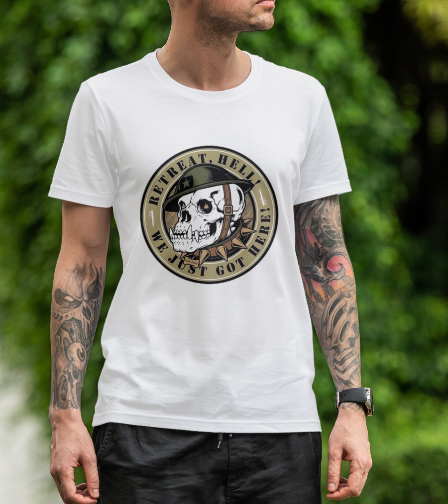 Retreat Hell We Just Got Here Teufelshunde Skull Military Helmet And Spikes T-Shirt
