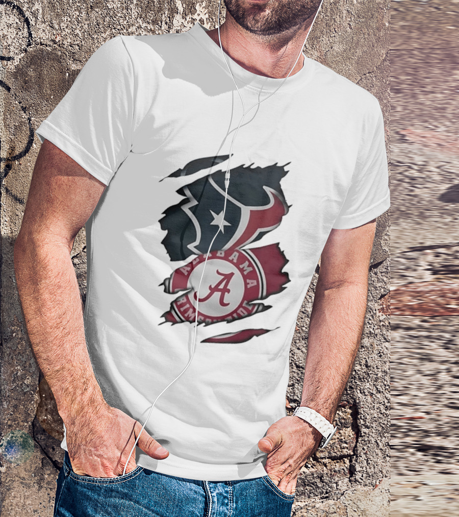 Houston Texans Alabama Crimson Tide NCAA Ripped T-Shirt