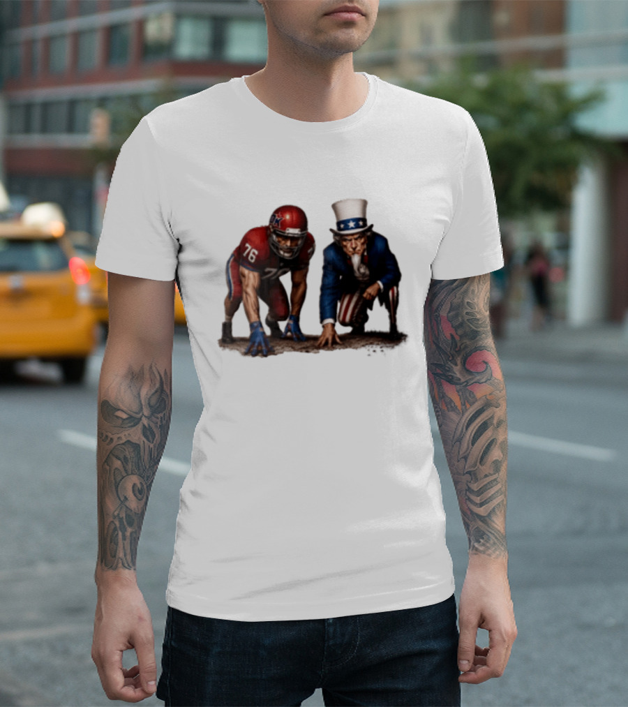 Uncle Sam And American Football Player Number 76 Crouching On Field T-Shirt