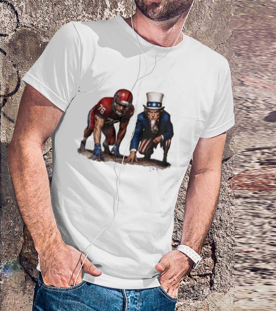 Uncle Sam And American Football Player Number 76 Crouching On Field T-Shirt