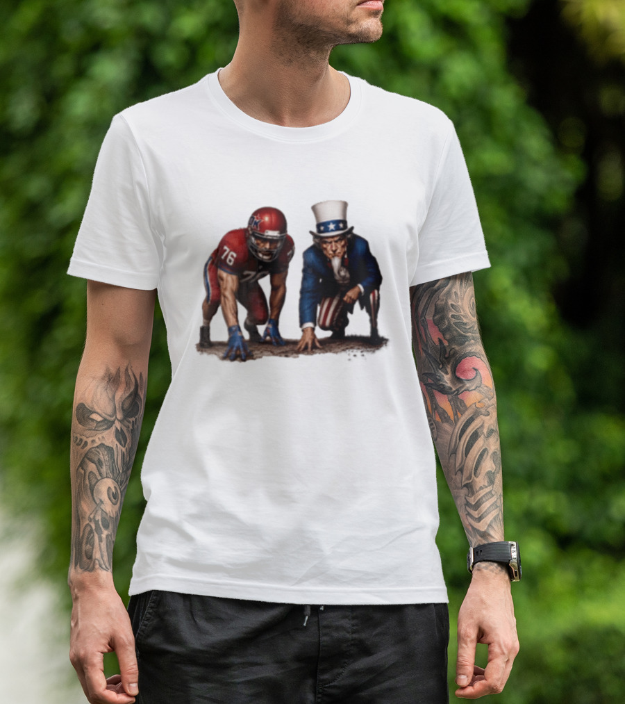 Uncle Sam And American Football Player Number 76 Crouching On Field T-Shirt