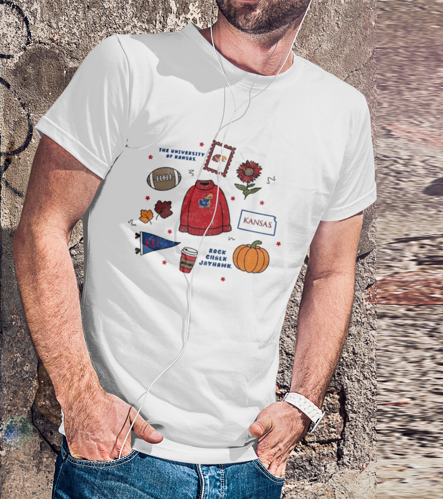 University Of Kansas Rock Chalk Jayhawk Football Fall Leaves Pumpkin KU Flag T-Shirt