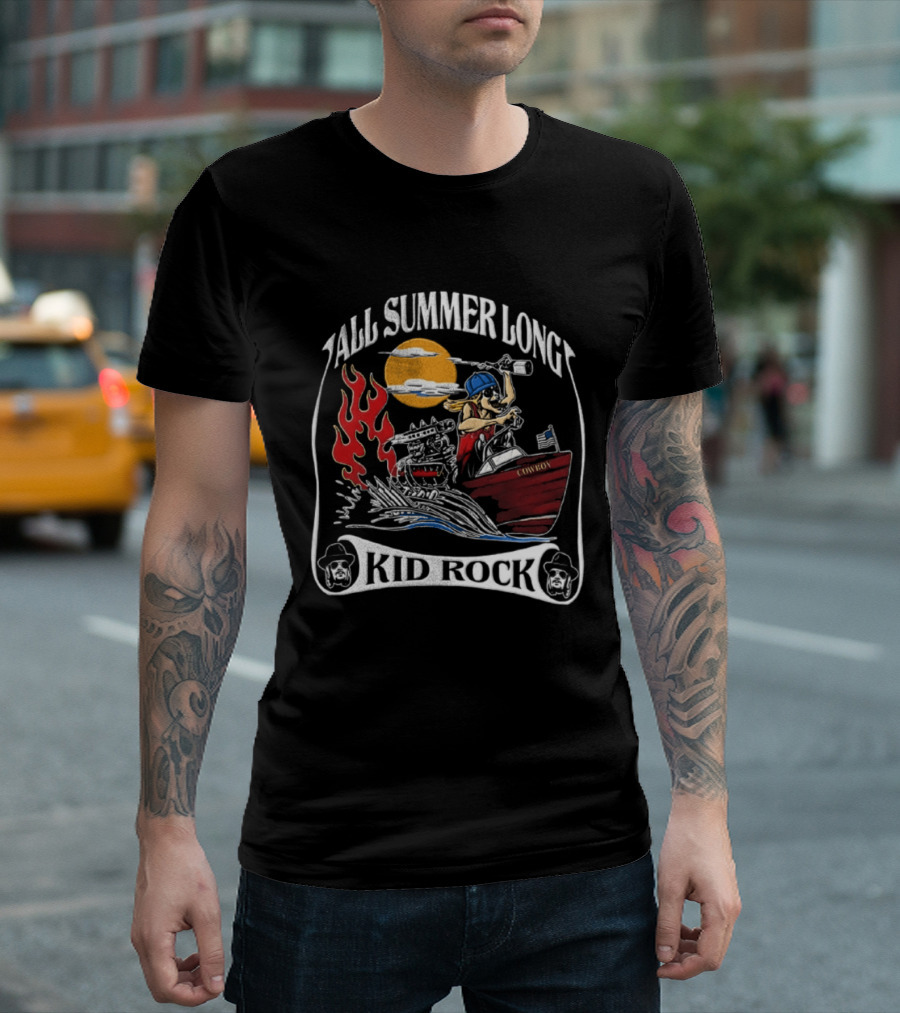 All Summer Long Kid Rock Cartoon Caricature Motorboat Cowboy Sunset Flames T-Shirt
