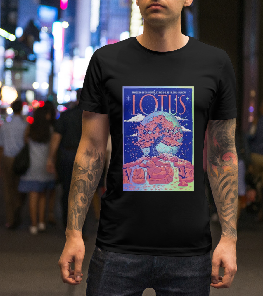 Lotus 2026 Tour By Benjamin Rumble March Tour Dates Illustration Cherry Blossom Moon T-Shirt