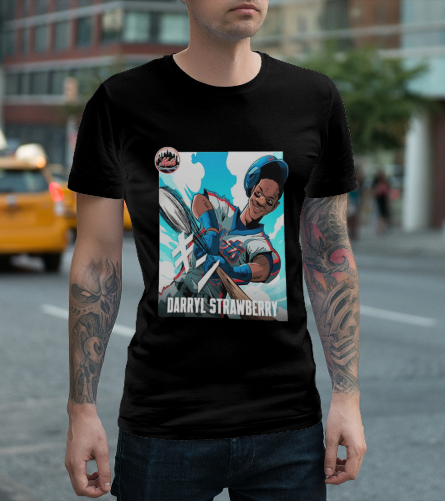 Darryl Strawberry New York Mets MLB Baseball Player Swinging Bat Cartoon T-Shirt