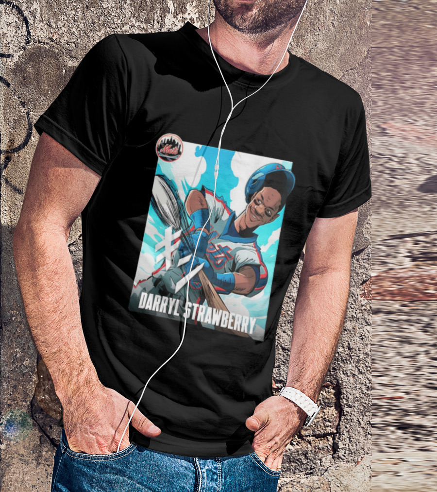 Darryl Strawberry New York Mets MLB Baseball Player Swinging Bat Cartoon T-Shirt