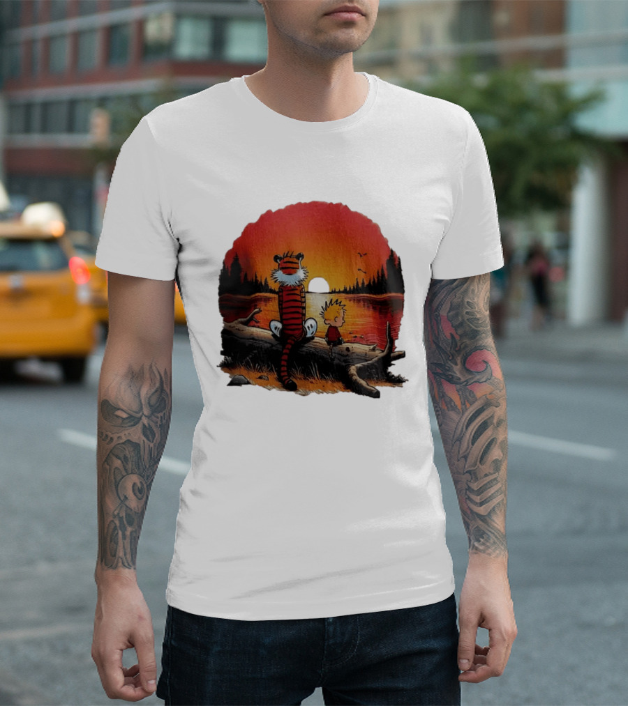 Calvin And Hobbes Log Sunset Lake Scene T-Shirt